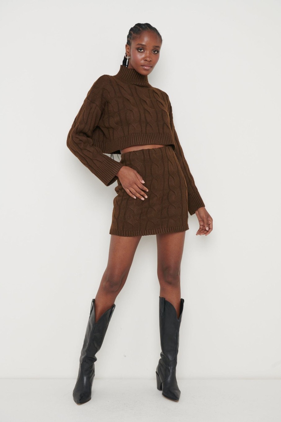 Clothing Pretty Lavish | Hunter Cable Knit Cropped Jumper Brown