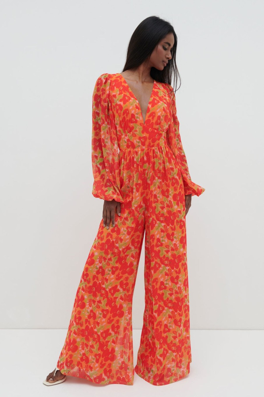 Clothing Pretty Lavish | Olivette Jumpsuit Red And Orange Floral