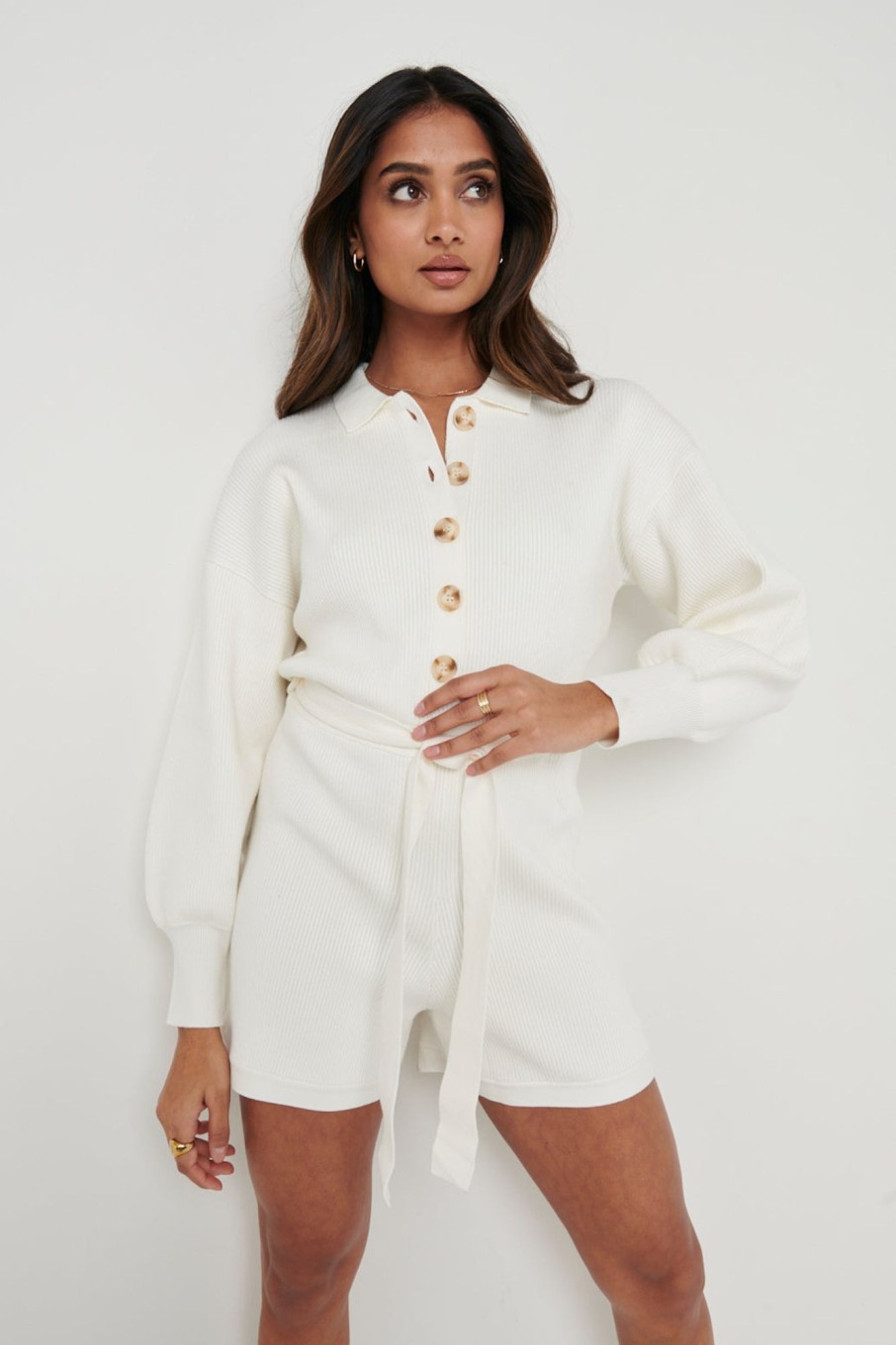 Clothing Pretty Lavish | Darcie Balloon Sleeve Knit Playsuit Cream