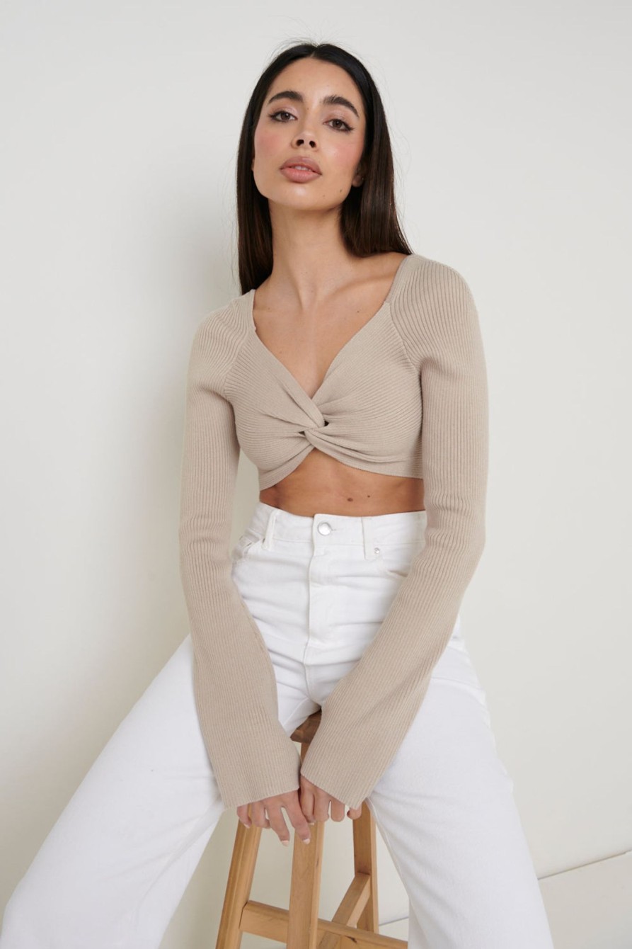 Clothing Pretty Lavish | Maisie Long Sleeve Twist Knit Top Taupe