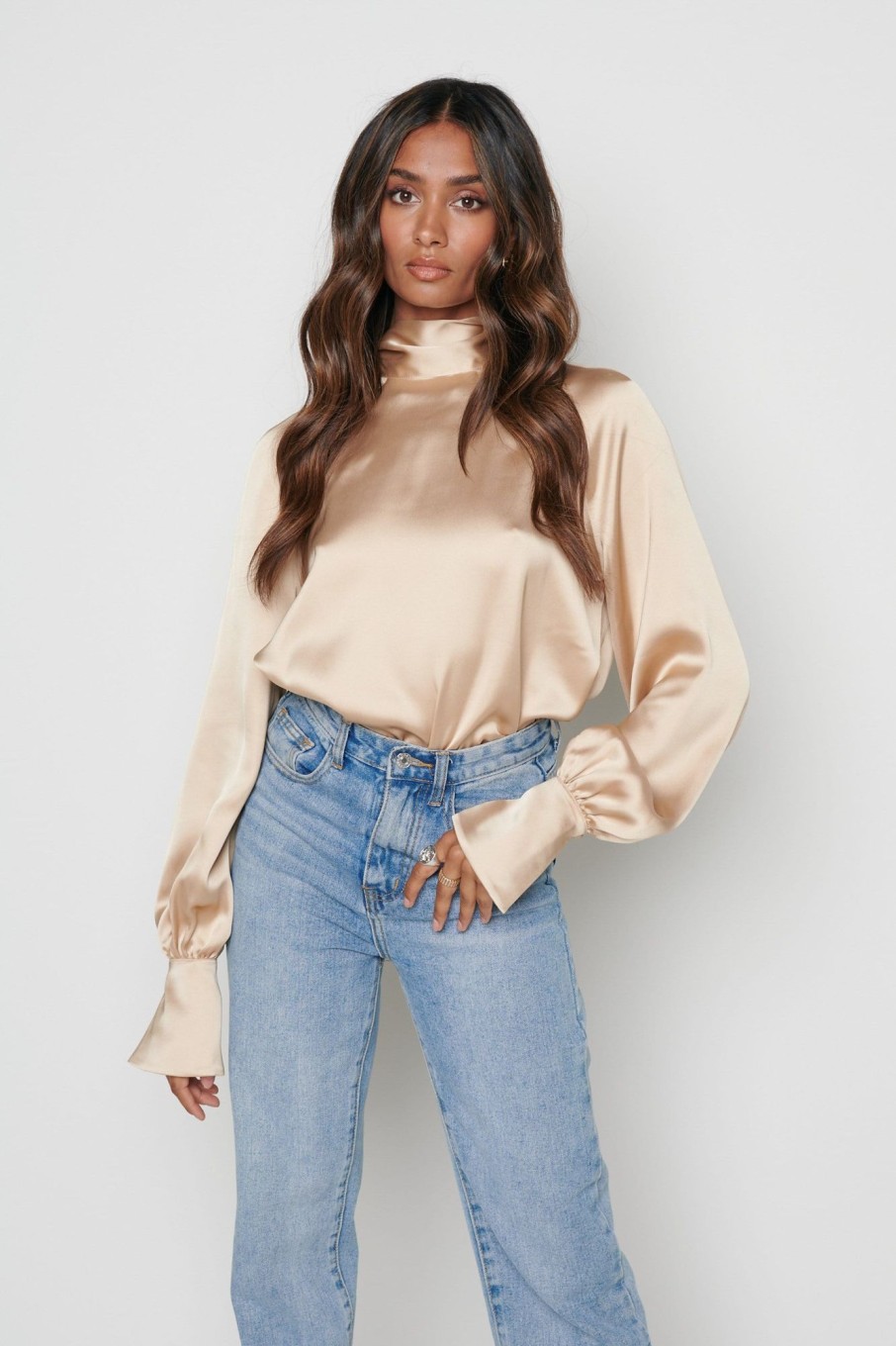 Clothing Pretty Lavish | Hailee High Neck Tie Blouse Champagne