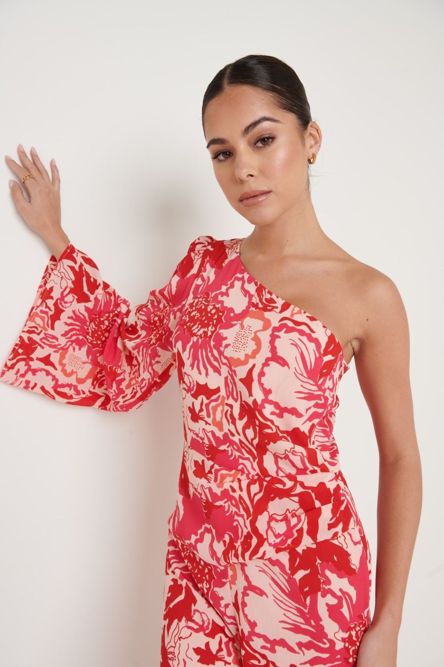 Clothing Pretty Lavish | Maddie One Shoulder Printed Jumpsuit Pink And Red Floral