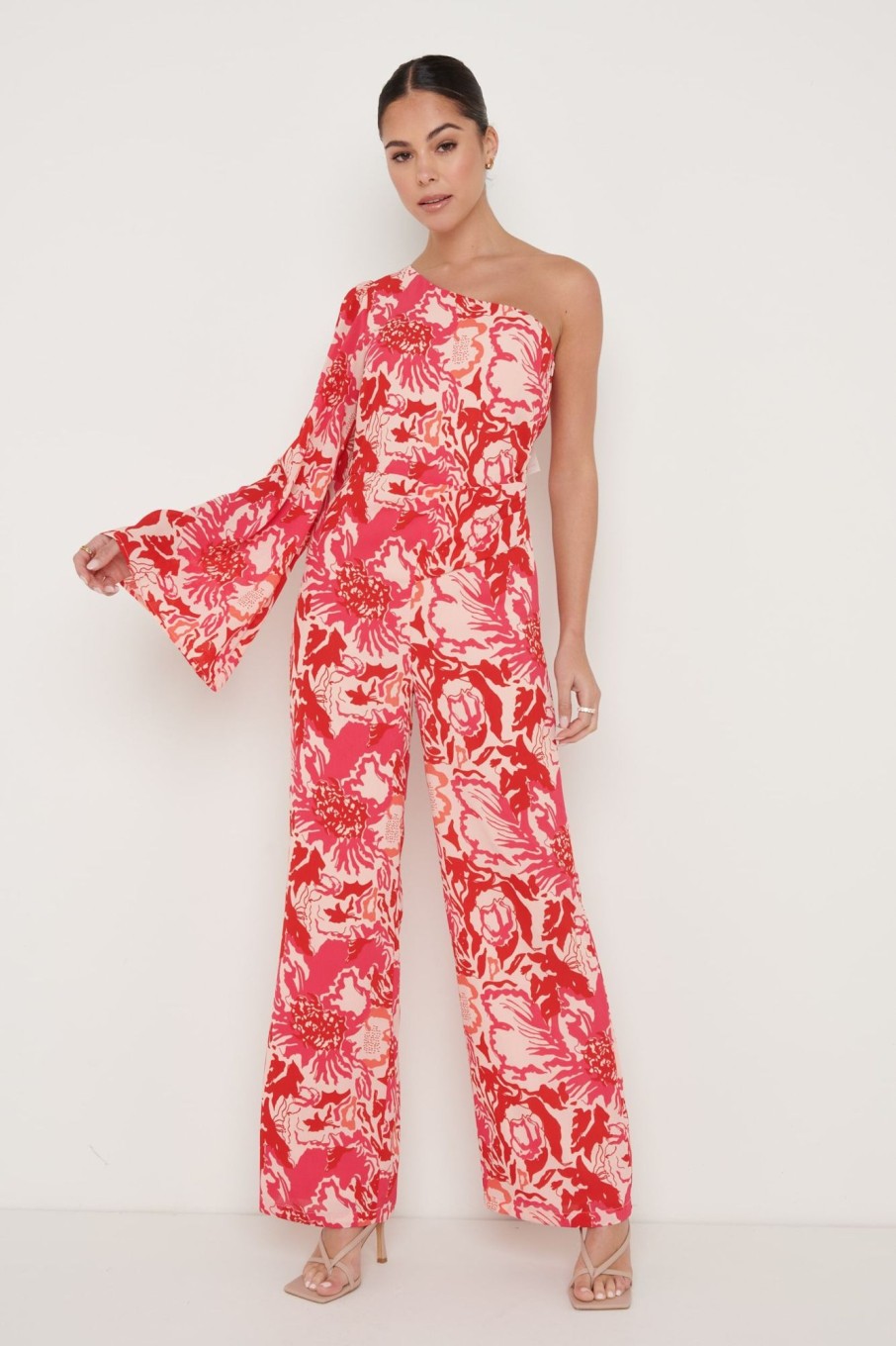 Clothing Pretty Lavish | Maddie One Shoulder Printed Jumpsuit Pink And Red Floral