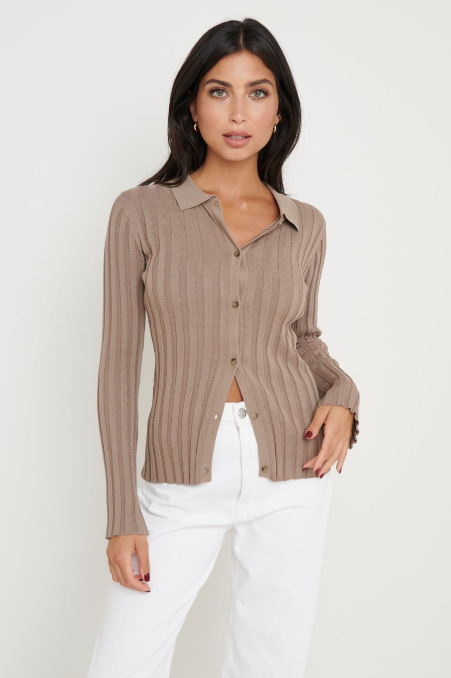 Clothing Pretty Lavish | Micah Ribbed Knit Button Shirt Taupe