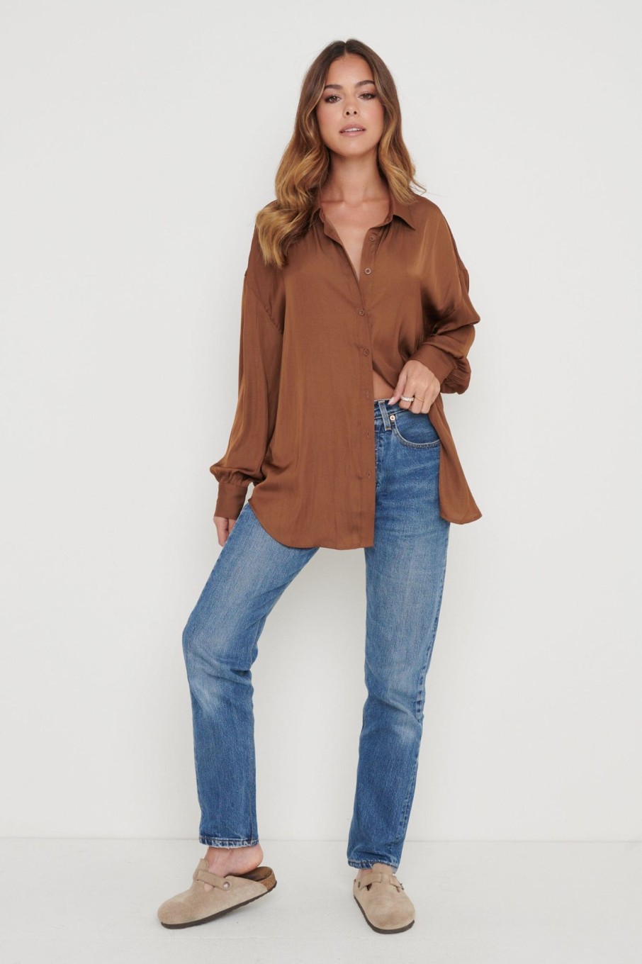 Clothing Pretty Lavish | Amira Satin Shirt Brown