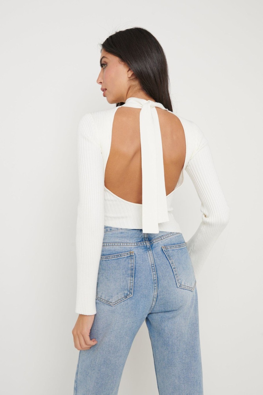 Clothing Pretty Lavish | Lakelyn Backless High Neck Knit Top Cream