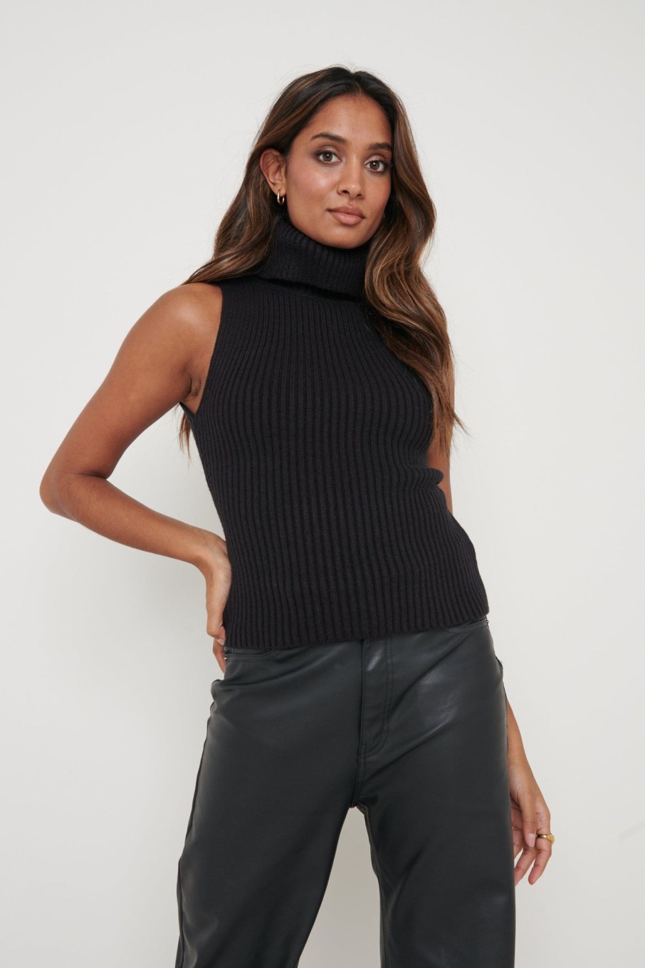 Clothing Pretty Lavish | Lulu Sleeveless Ribbed Roll Neck Black