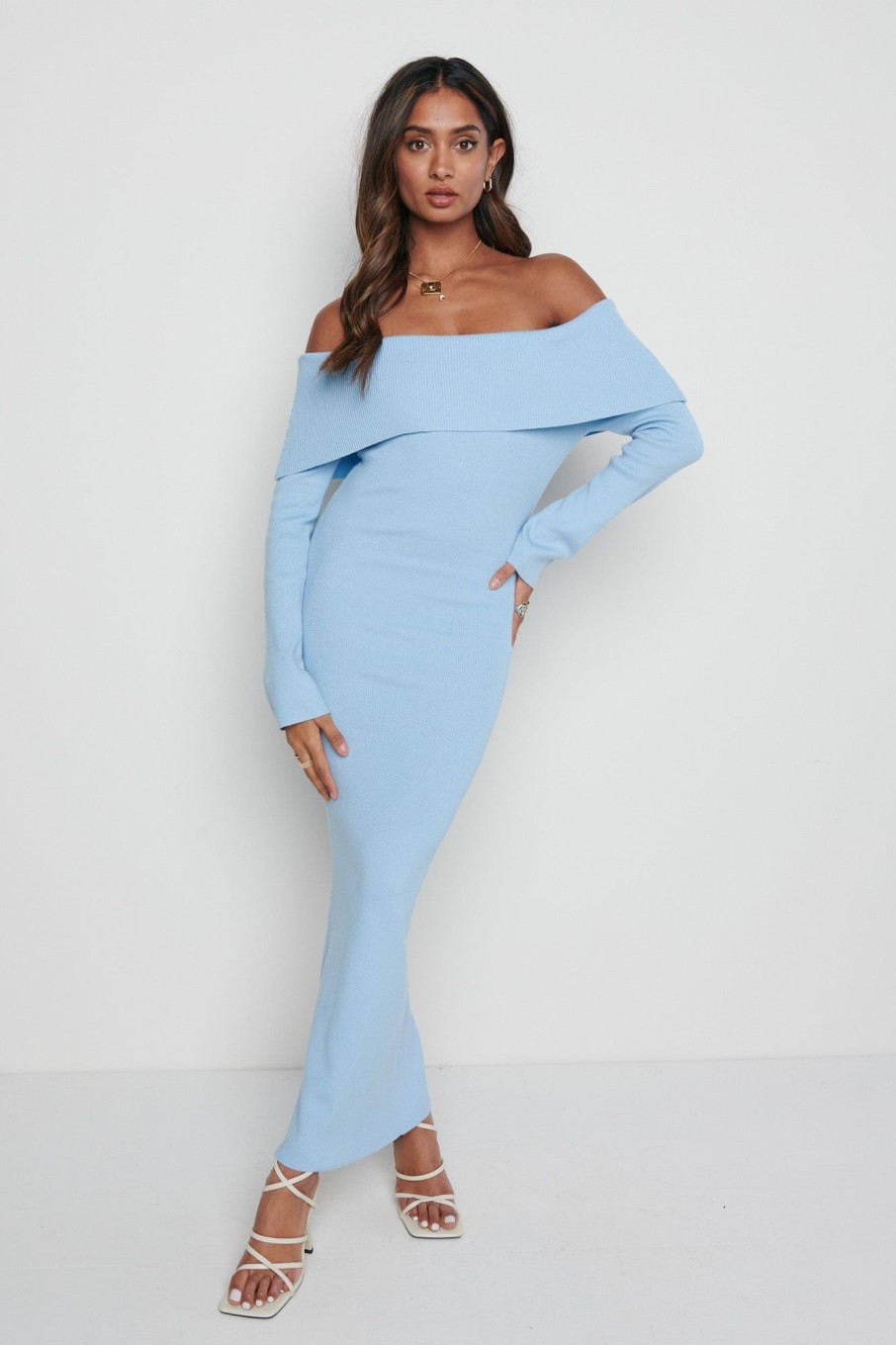 Clothing Pretty Lavish | Soreya Bardot Knit Dress Blue