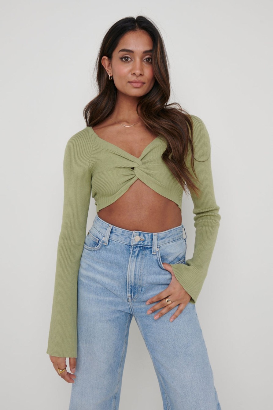 Clothing Pretty Lavish | Maisie Long Sleeve Twist Knit Top Olive