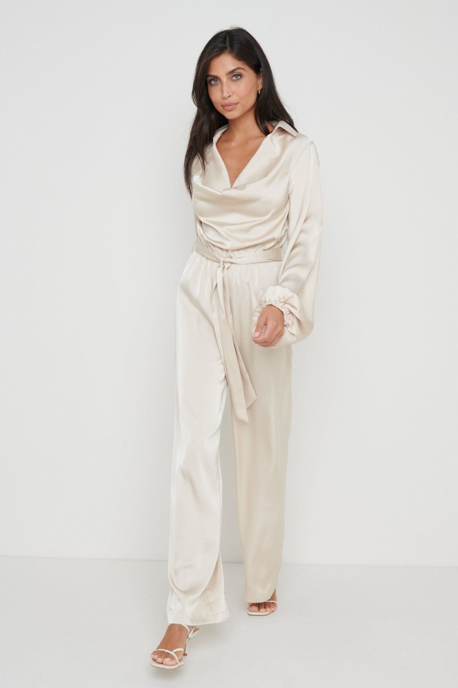 Clothing Pretty Lavish | Orla Satin Cowl Neck Jumpsuit Cream