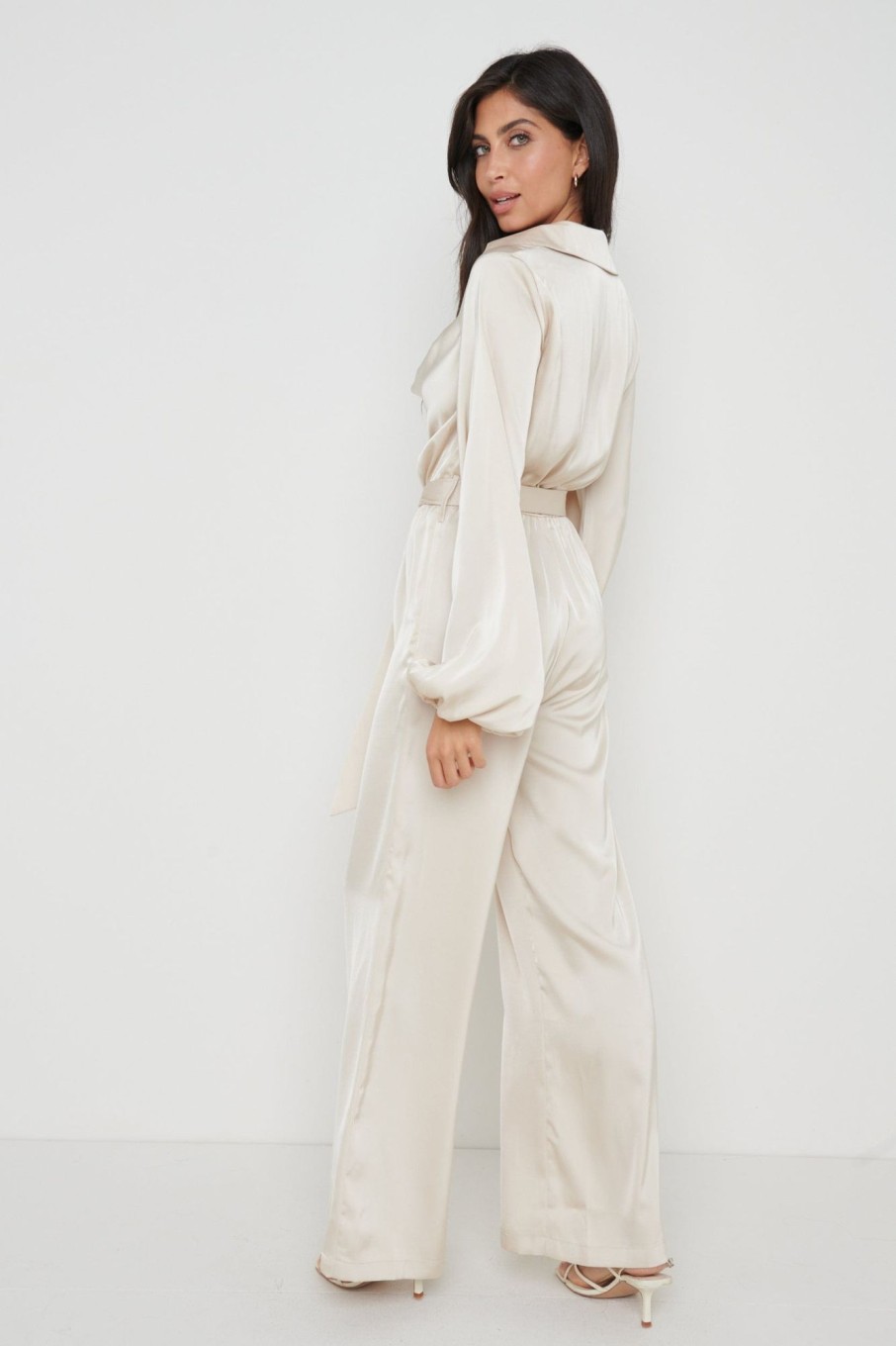 Clothing Pretty Lavish | Orla Satin Cowl Neck Jumpsuit Cream