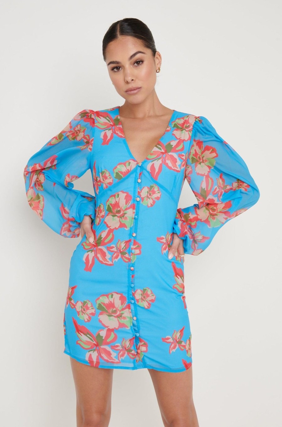 Clothing Pretty Lavish | Naya Chiffon Mini Dress Blue Floral