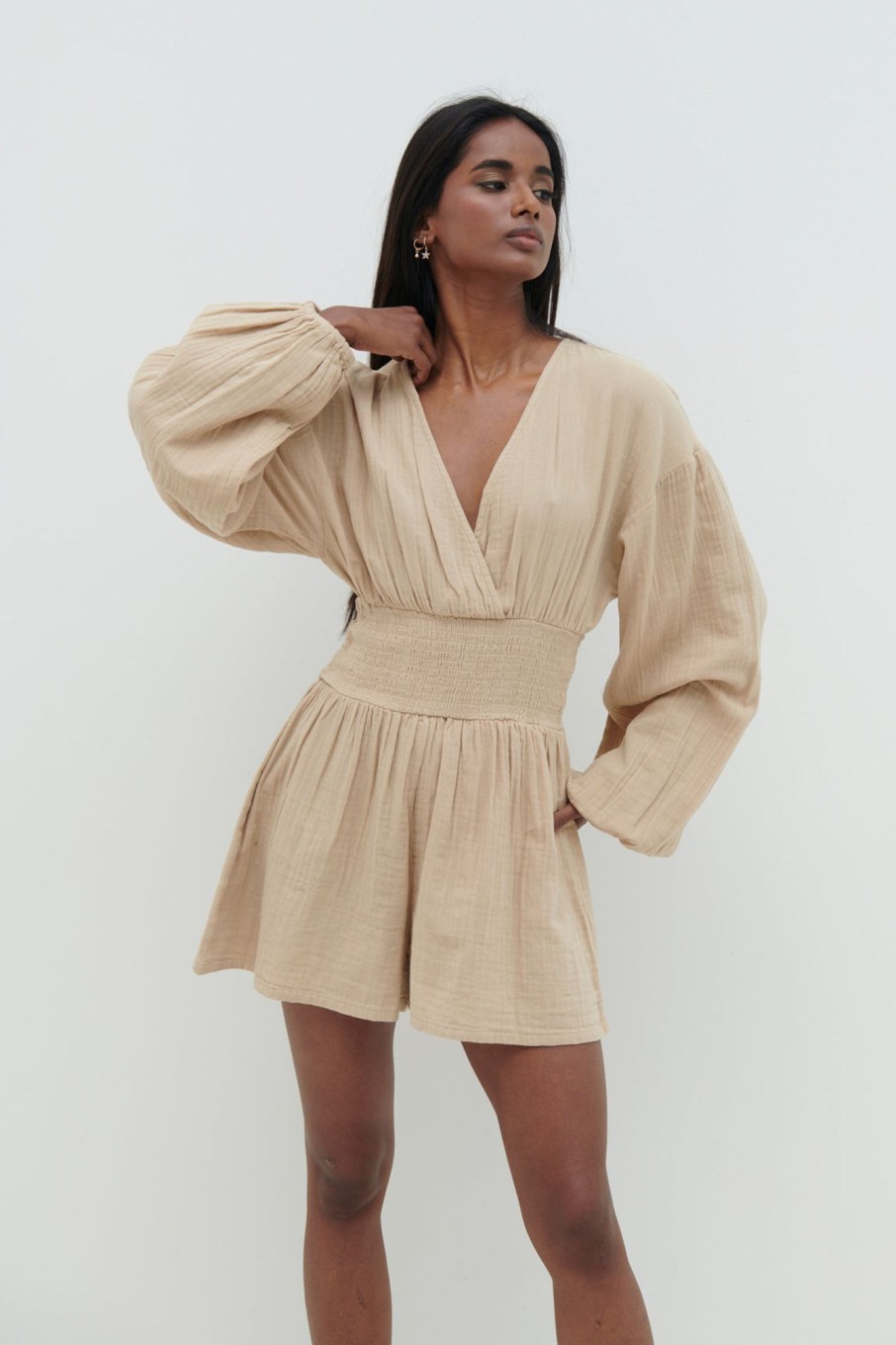 Clothing Pretty Lavish | Blake Shirred Playsuit Beige