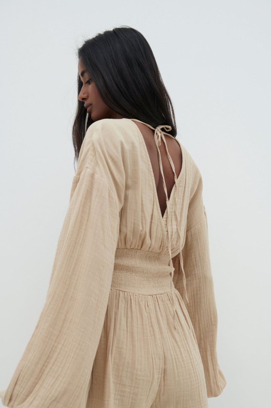 Clothing Pretty Lavish | Blake Shirred Playsuit Beige