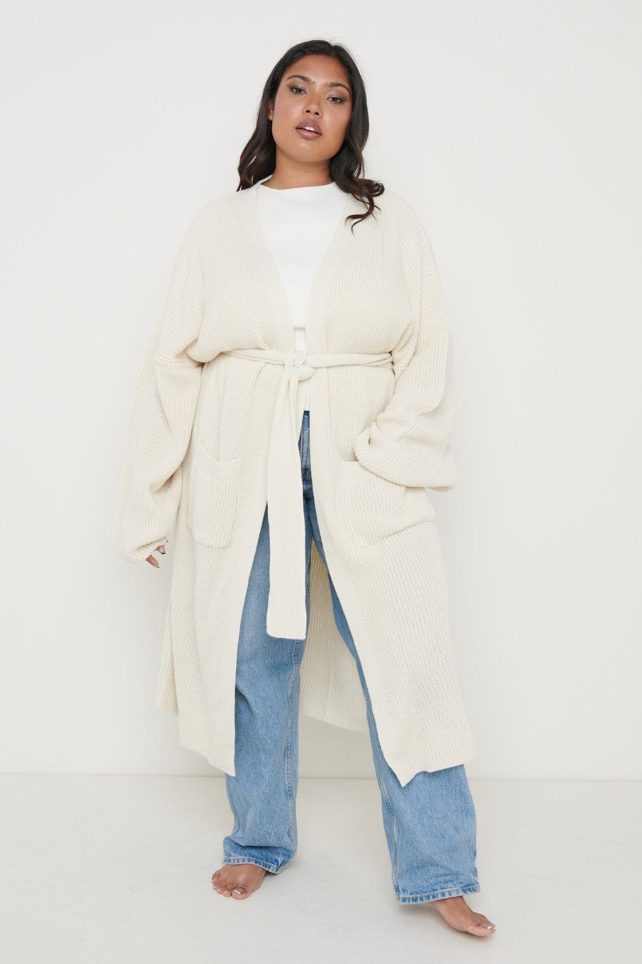 Clothing Pretty Lavish | Curve Arden Midi Tie Cardigan Cream