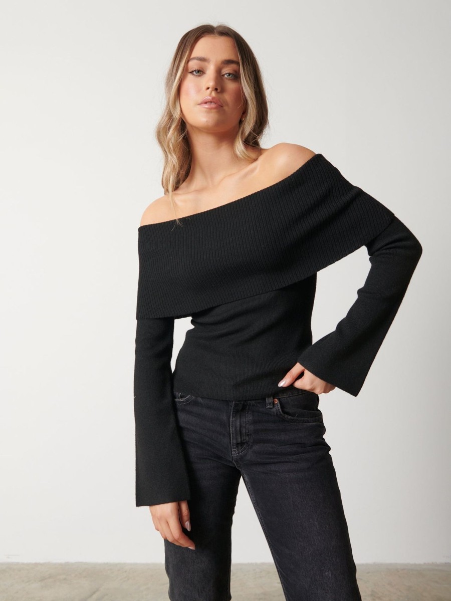 Clothing Pretty Lavish | Soreya Bardot Knit Top Black