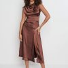 Clothing Pretty Lavish | Lilith Satin Dress Brown