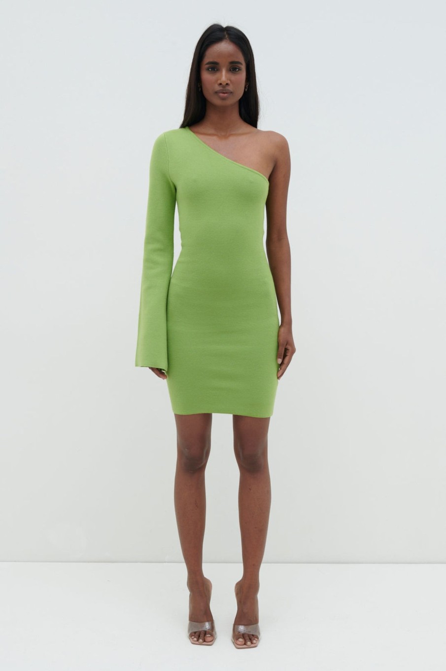 Clothing Pretty Lavish | Faith One Shoulder Knit Mini Dress Lime