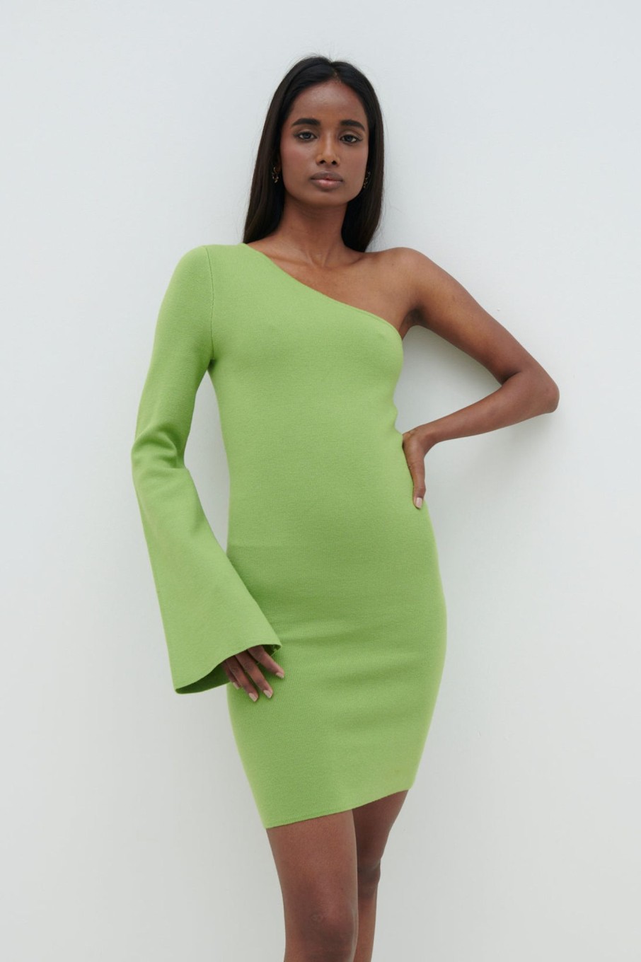 Clothing Pretty Lavish | Faith One Shoulder Knit Mini Dress Lime