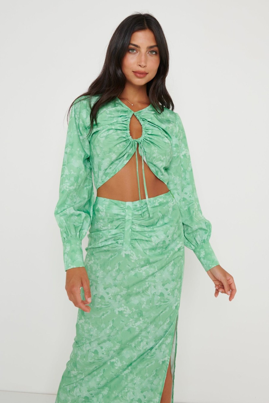 Clothing Pretty Lavish | Bec Drawstring Top Green Abstract Floral