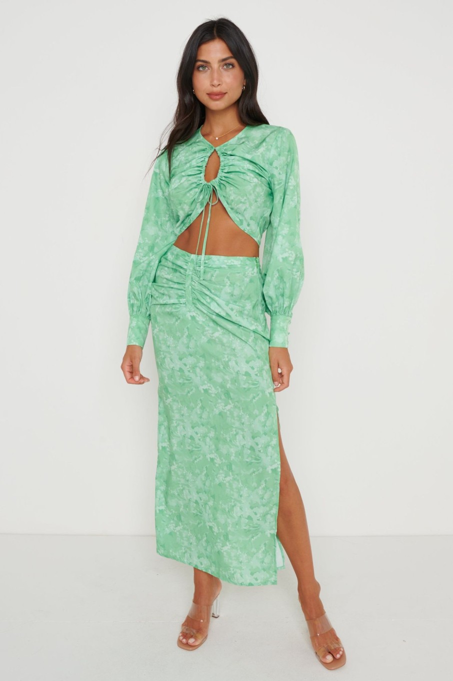 Clothing Pretty Lavish | Bec Drawstring Top Green Abstract Floral