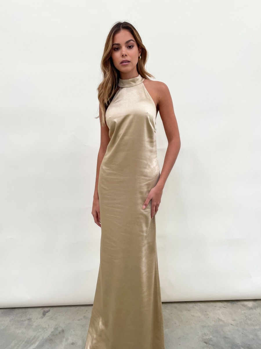 Clothing Pretty Lavish | Raleigh High Back Halterneck Maxi Dress Matte Bronze