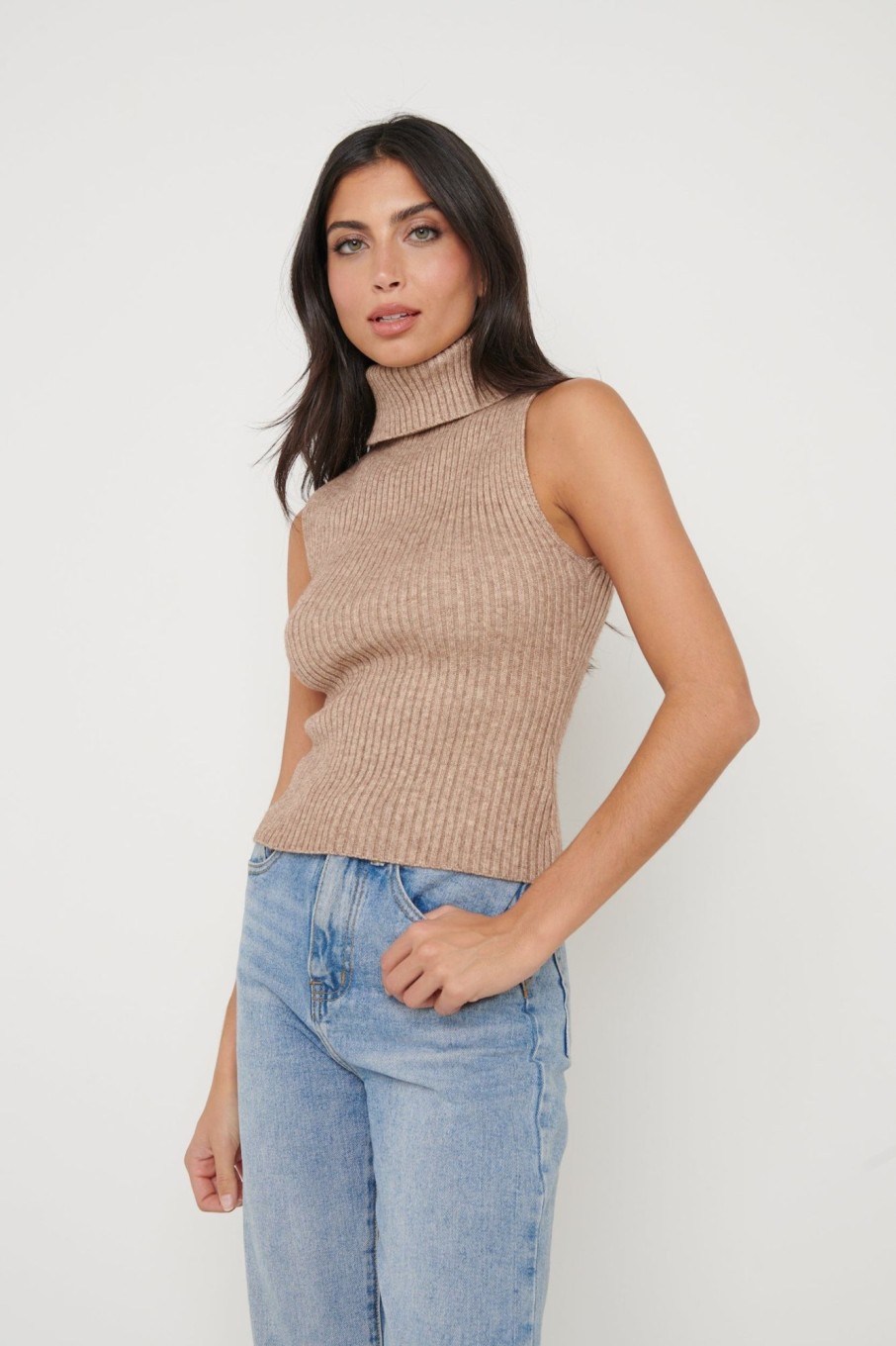 Clothing Pretty Lavish | Lulu Sleeveless Ribbed Roll Neck Beige