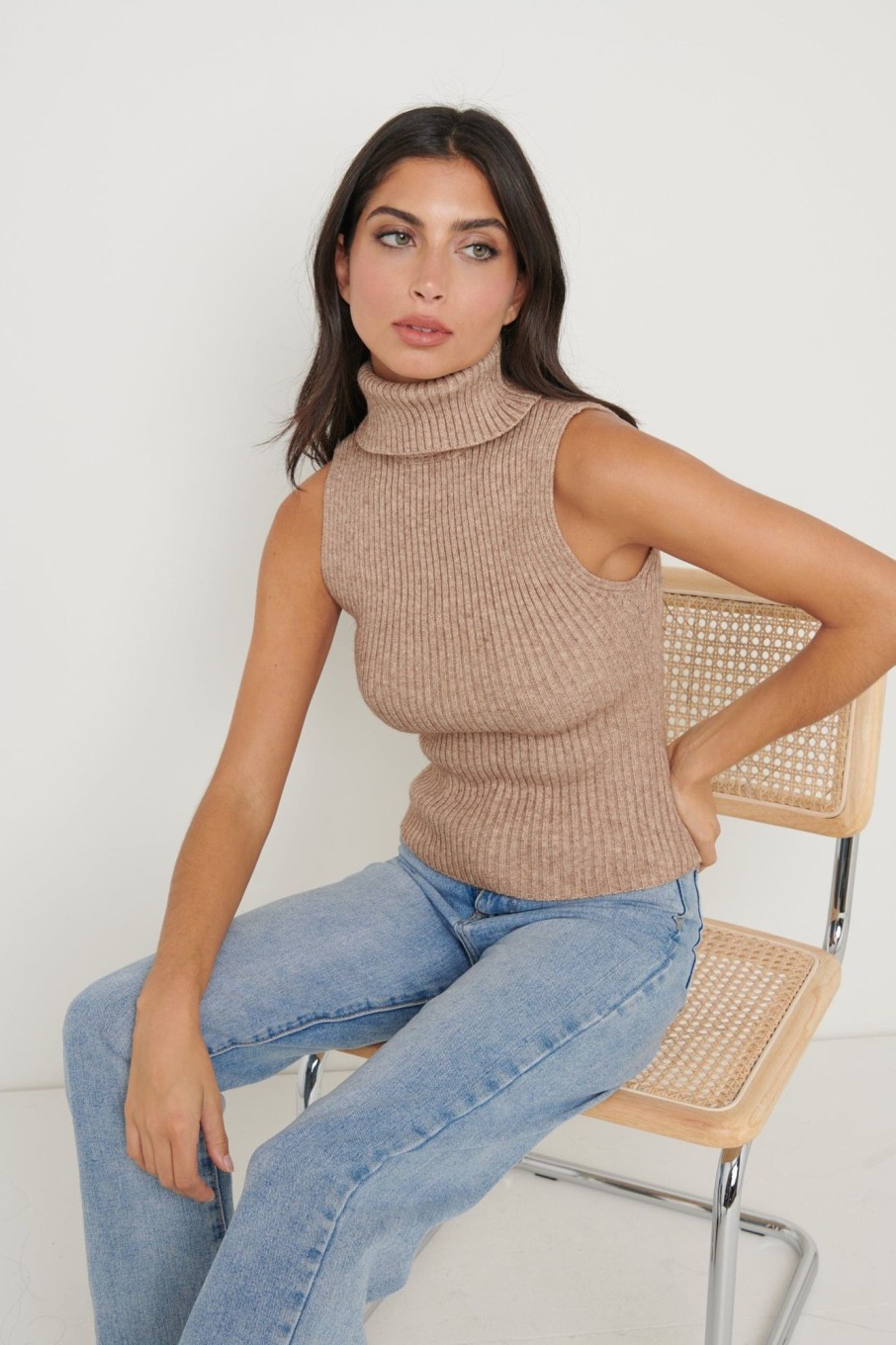 Clothing Pretty Lavish | Lulu Sleeveless Ribbed Roll Neck Beige