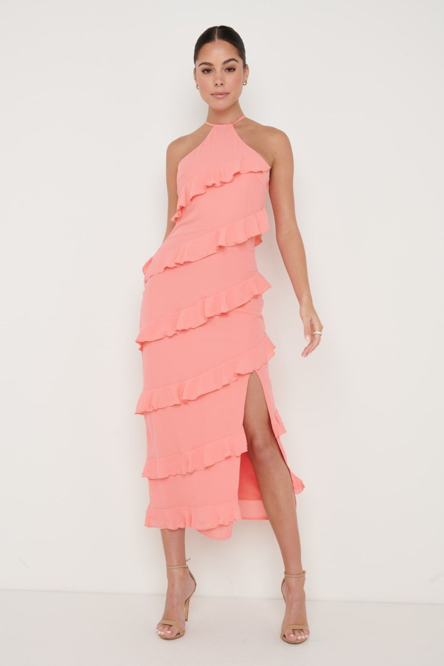 Clothing Pretty Lavish | Katy Ruffle Midaxi Dress Coral