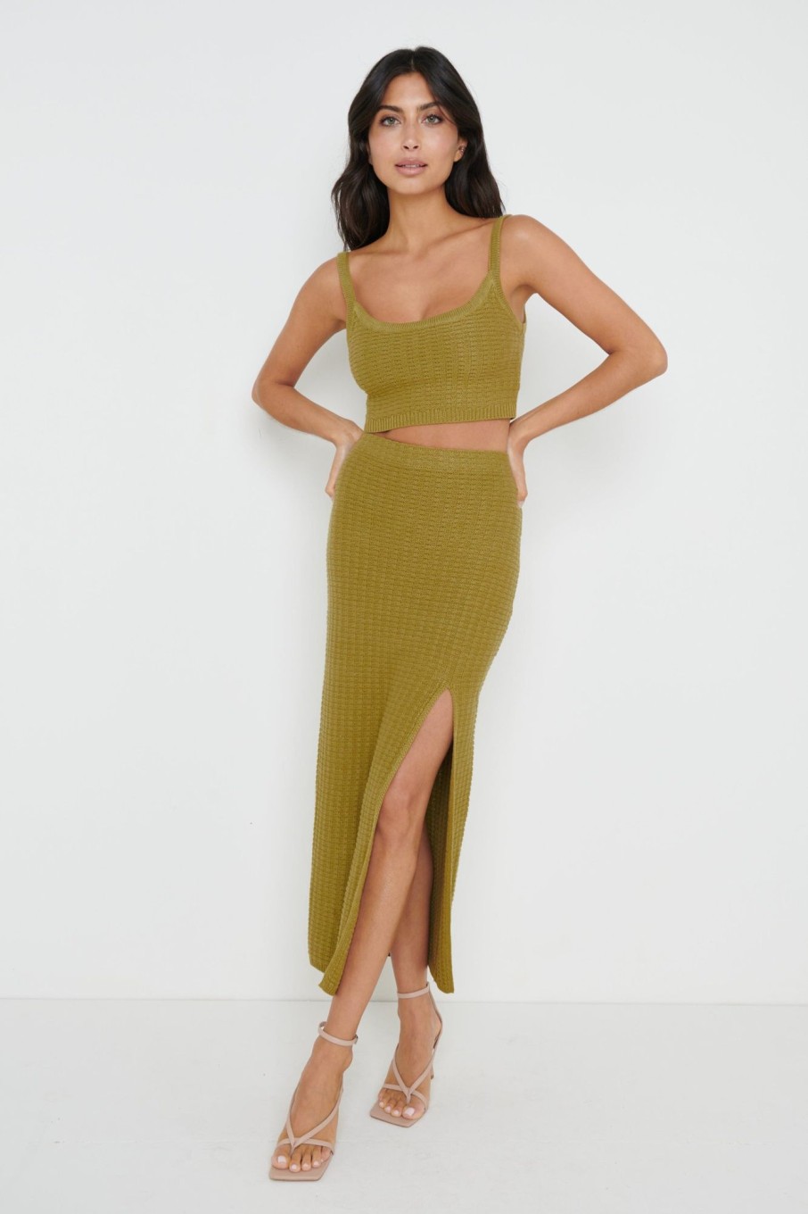 Clothing Pretty Lavish | Celine Crochet Knit Skirt Olive