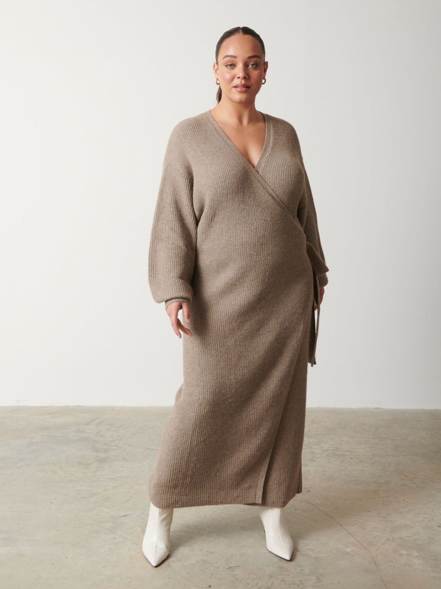 Clothing Pretty Lavish | Kinsley Ribbed Wrap Dress Curve Mushroom