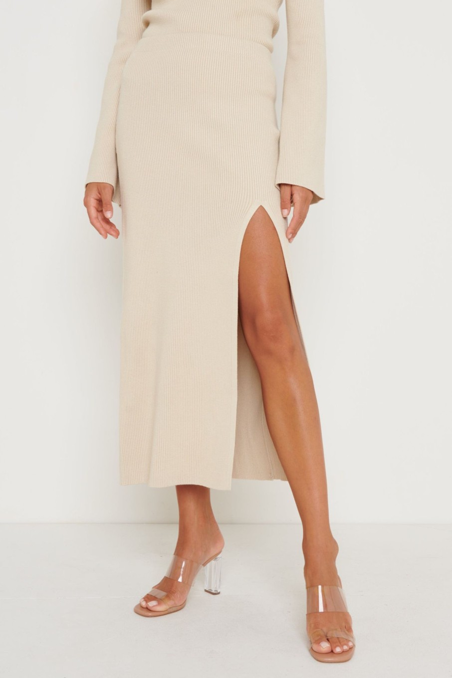 Clothing Pretty Lavish | Blythe Slit Knit Skirt Beige