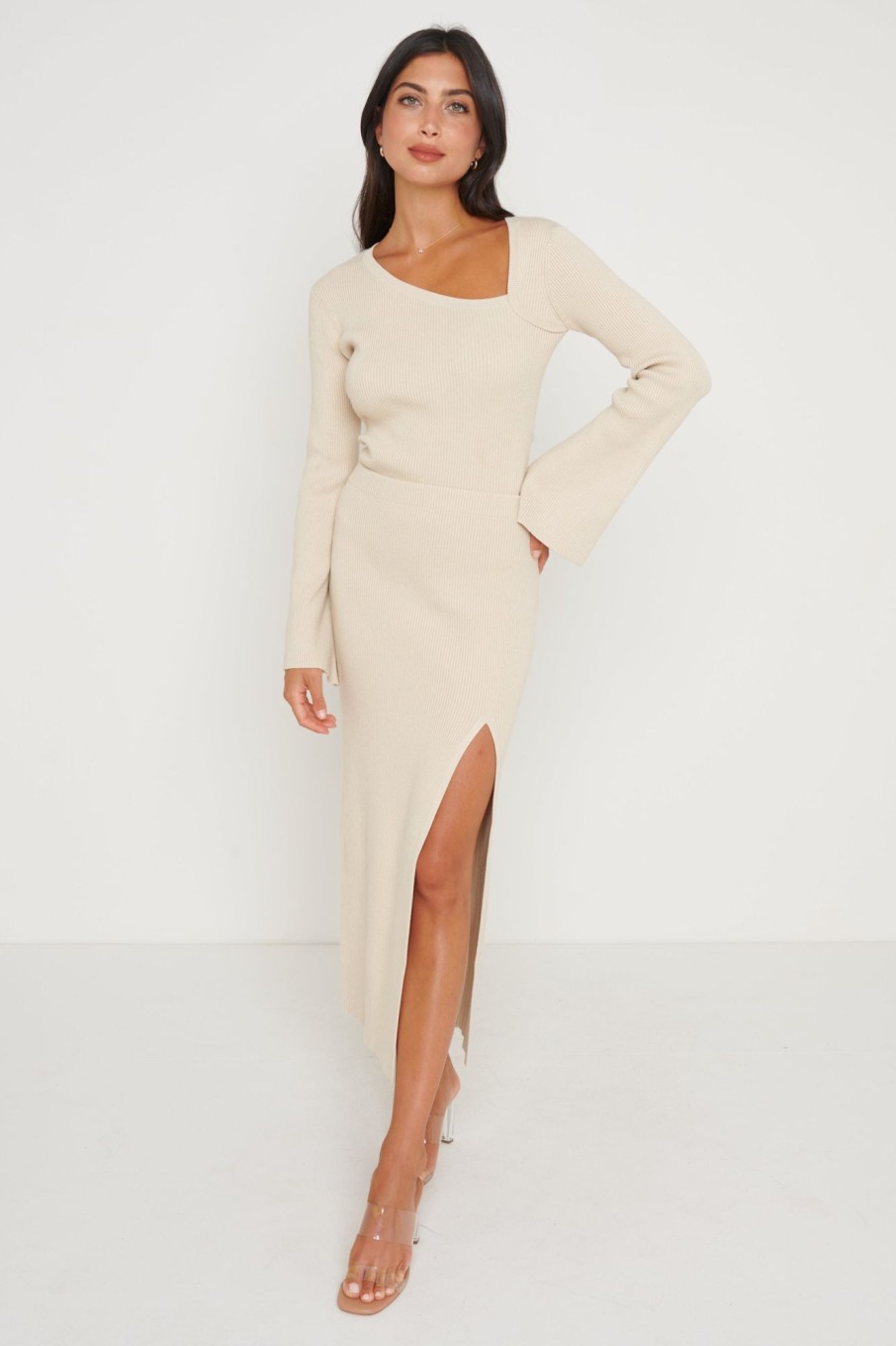 Clothing Pretty Lavish | Blythe Slit Knit Skirt Beige