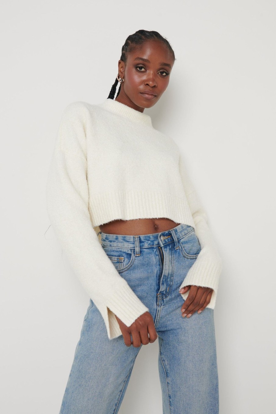 Clothing Pretty Lavish | Millie Roll Neck Cropped Jumper Cream