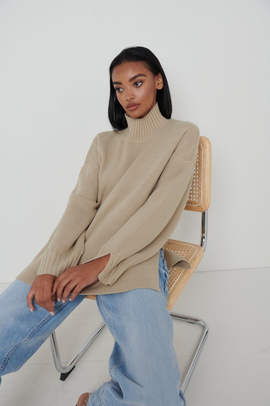 Clothing Pretty Lavish | Amory Grown Neck Knit Jumper Beige