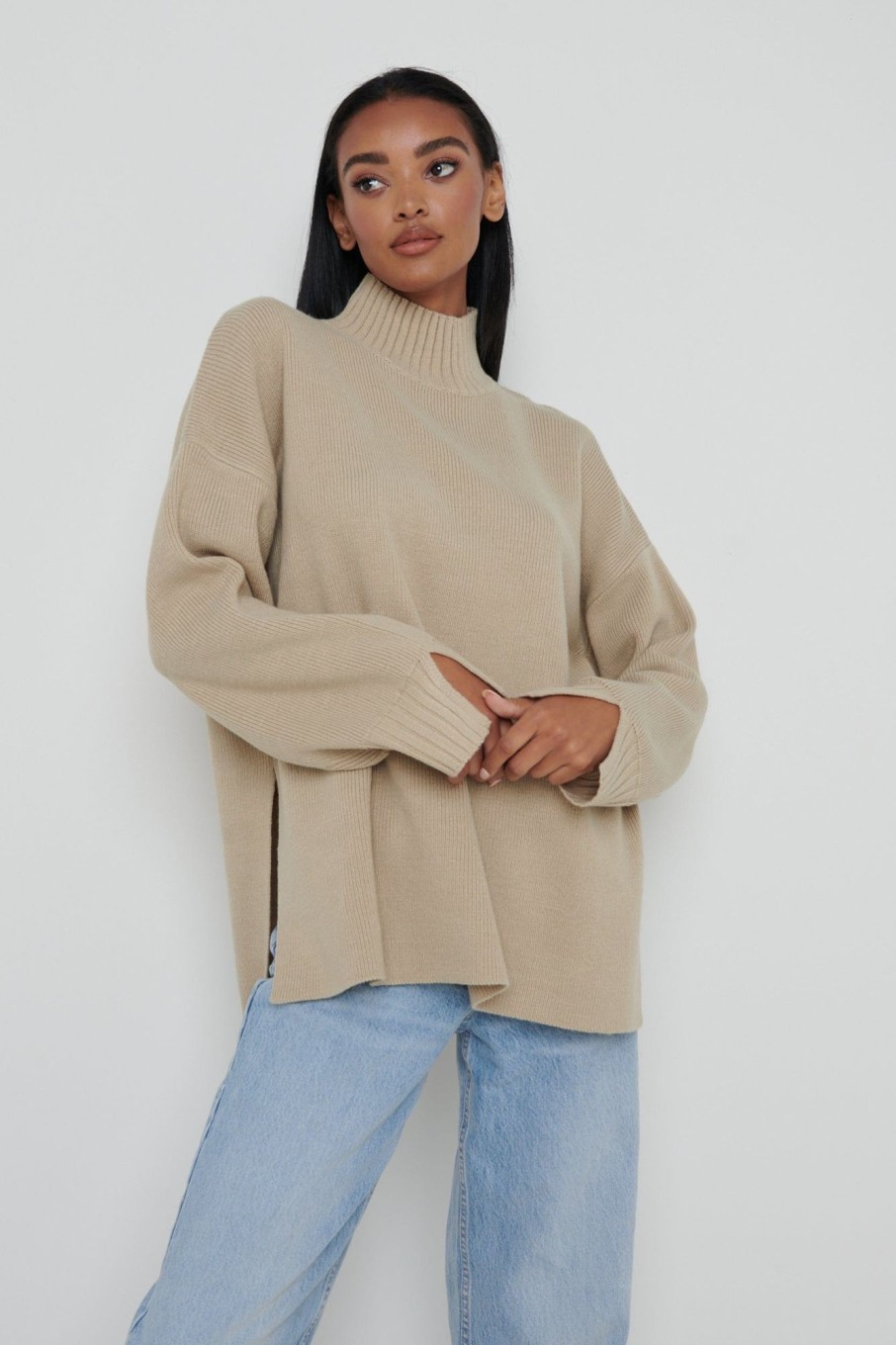 Clothing Pretty Lavish | Amory Grown Neck Knit Jumper Beige