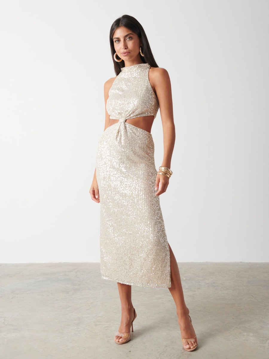 Clothing Pretty Lavish | Isidora Twist Knot Sequin Midaxi Dress Silver