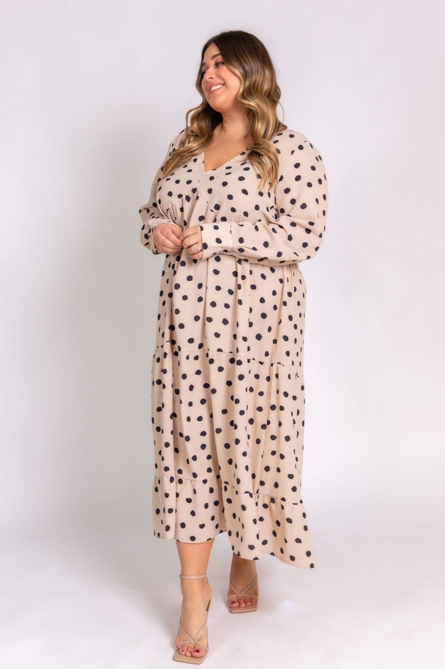 Clothing Pretty Lavish | Curve Dotty Day Dress Beige Polka Dot