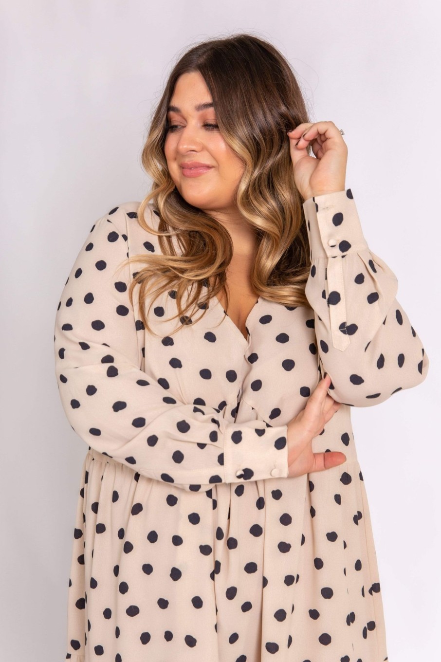 Clothing Pretty Lavish | Curve Dotty Day Dress Beige Polka Dot