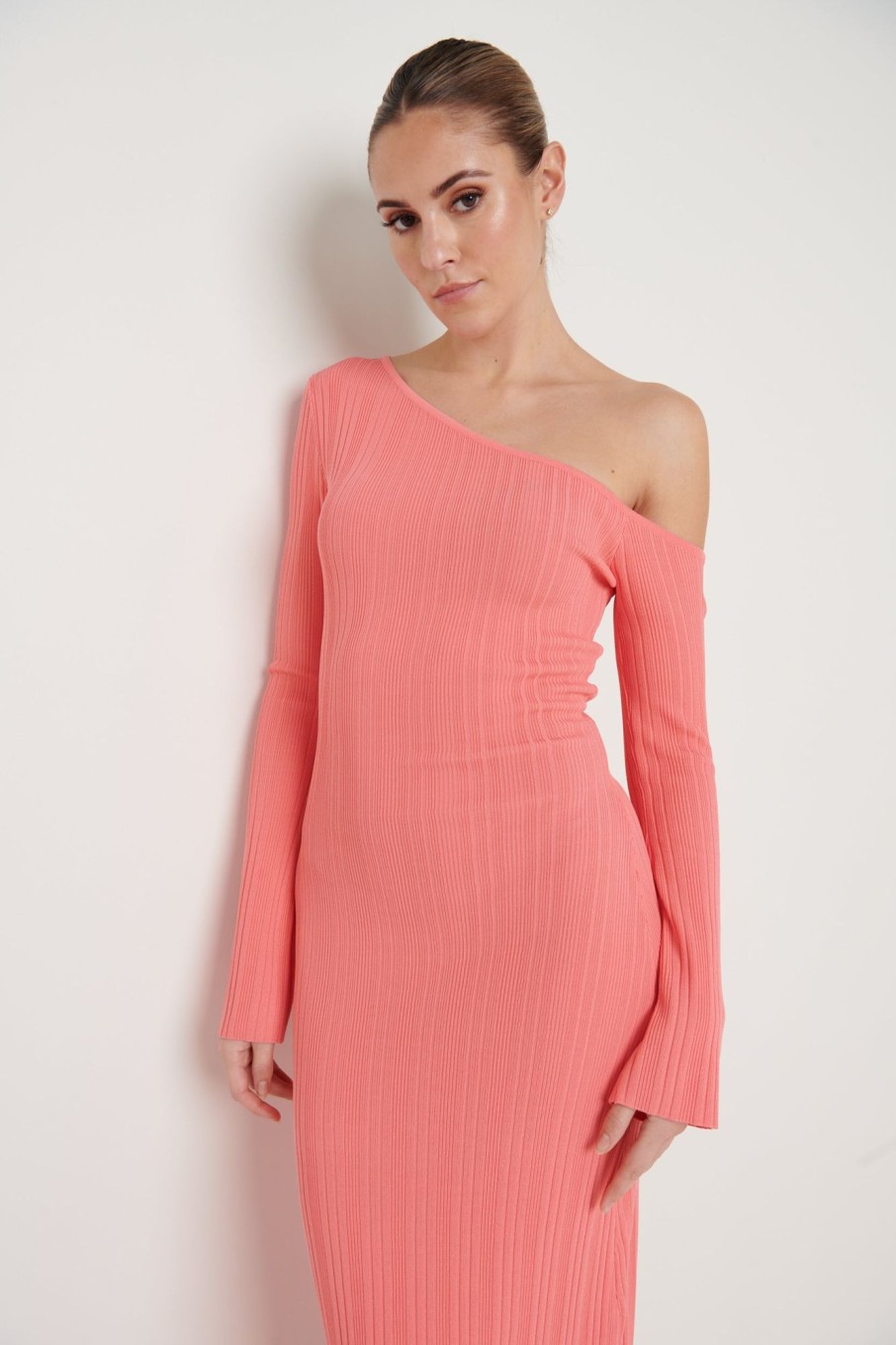 Clothing Pretty Lavish | Anouska Asymmetric Knit Dress Coral