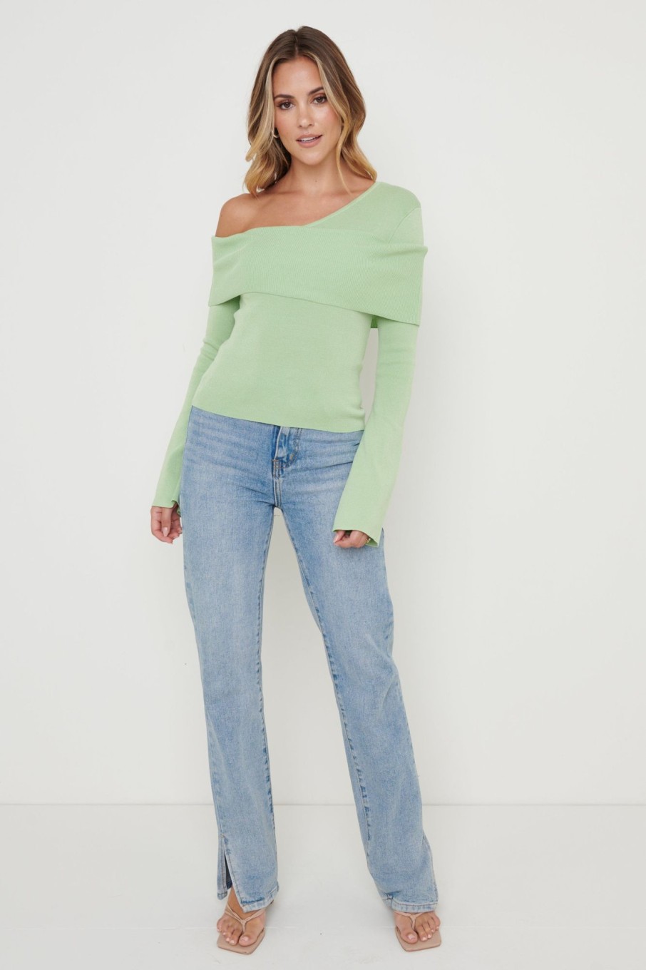 Clothing Pretty Lavish | Brigitte Asymmetric Knit Top Green