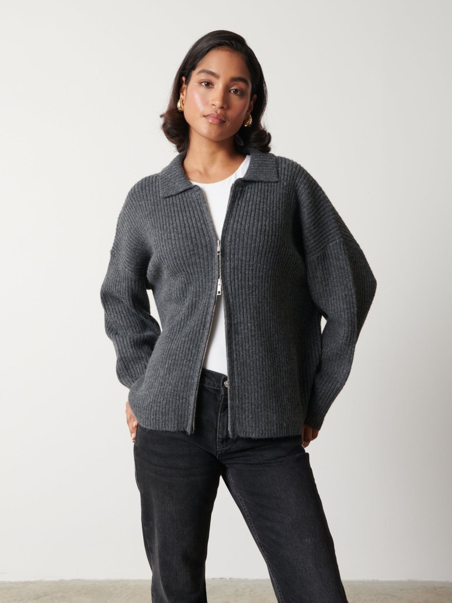 Clothing Pretty Lavish | Carla Zipped Knit Jumper Charcoal