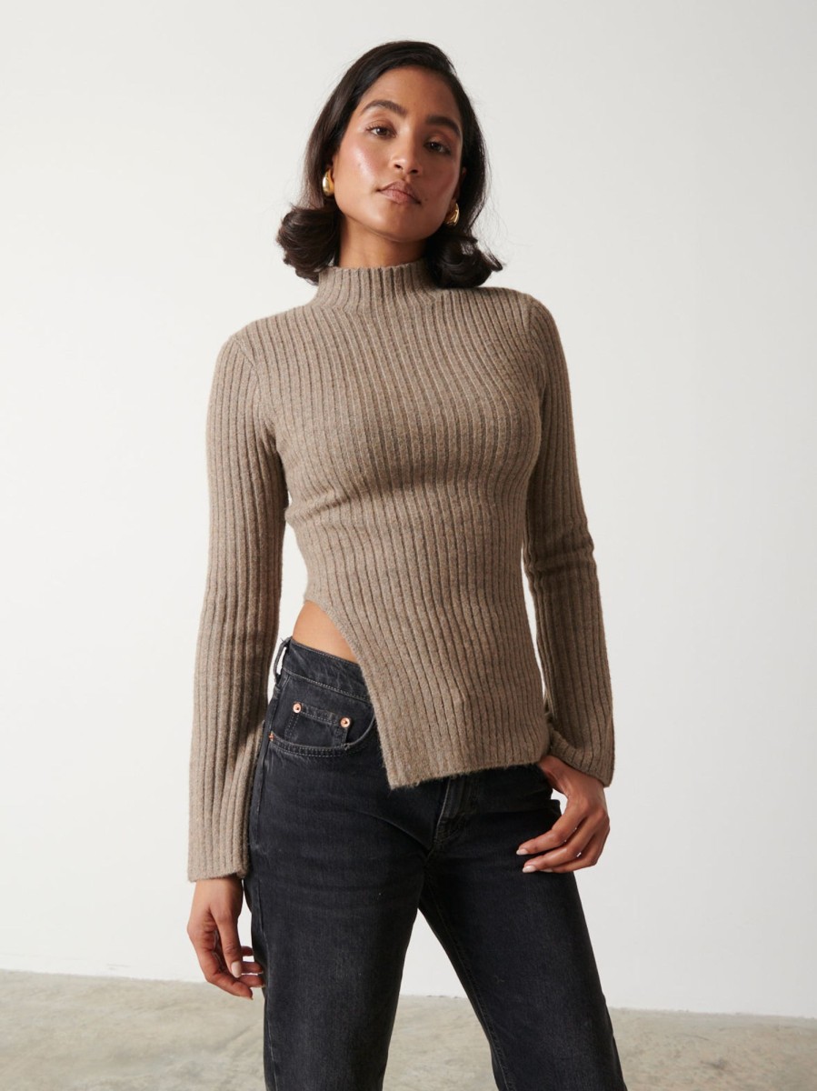 Clothing Pretty Lavish | Charley Turtle Neck Asymmetric Hem Knit Top Mushroom