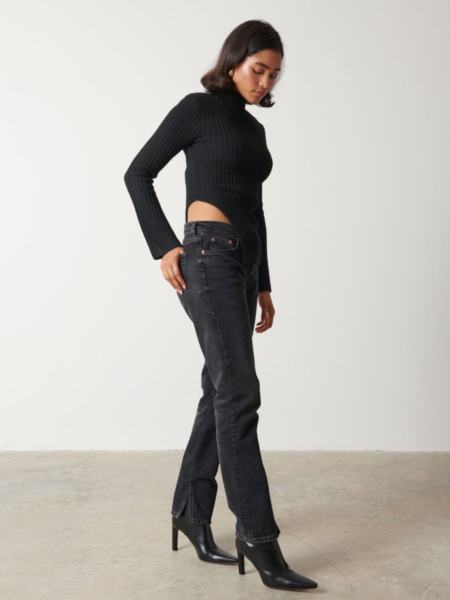 Clothing Pretty Lavish | Charley Turtle Neck Asymmetric Hem Knit Top Black