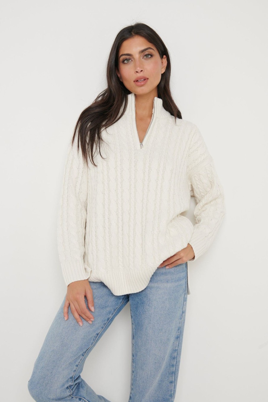 Clothing Pretty Lavish | Braelyn Zip Collared Knit Jumper Cream