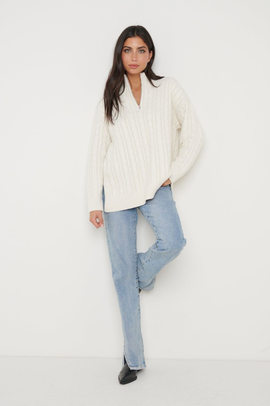 Clothing Pretty Lavish | Braelyn Zip Collared Knit Jumper Cream