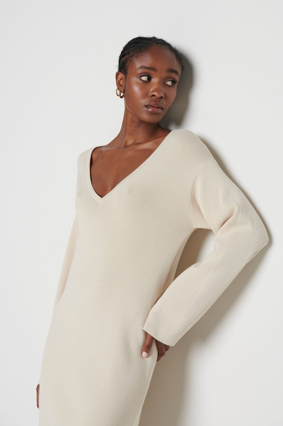 Clothing Pretty Lavish | Abriana V-Neck Knit Dress Beige