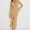 Clothing Pretty Lavish | Luna Button V-Neck Knit Dress Camel