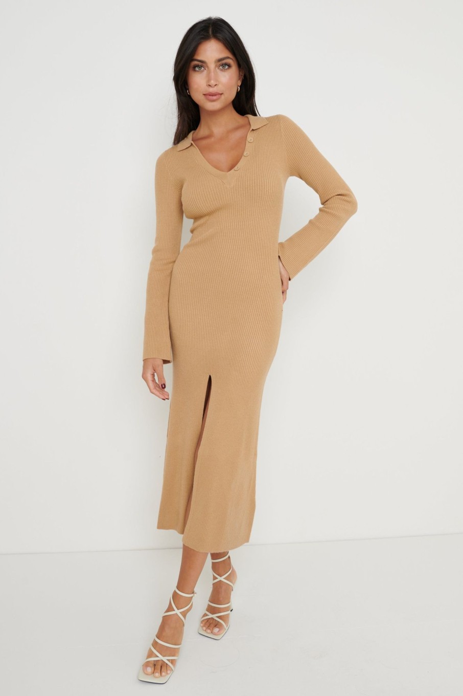 Clothing Pretty Lavish | Luna Button V-Neck Knit Dress Camel