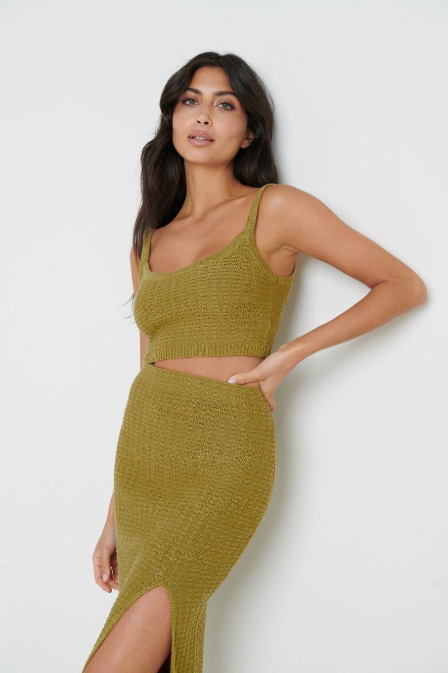 Clothing Pretty Lavish | Celine Crochet Knit Cami Top Olive